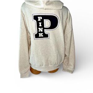 Victoria’s Secret PINK Varsity Hoodie Full Zip Oatmeal Cream Large NWT